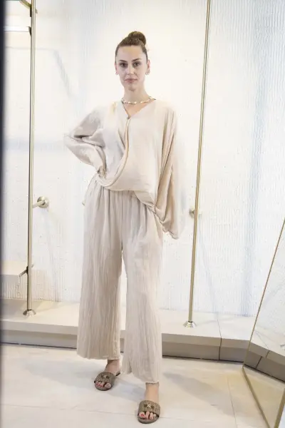 Bej Gofre Kimono İkili Takım